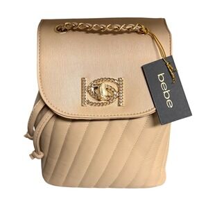 Bebe Quilted Chain Detail Flap Backpack Tan Faux Leather New with Tag